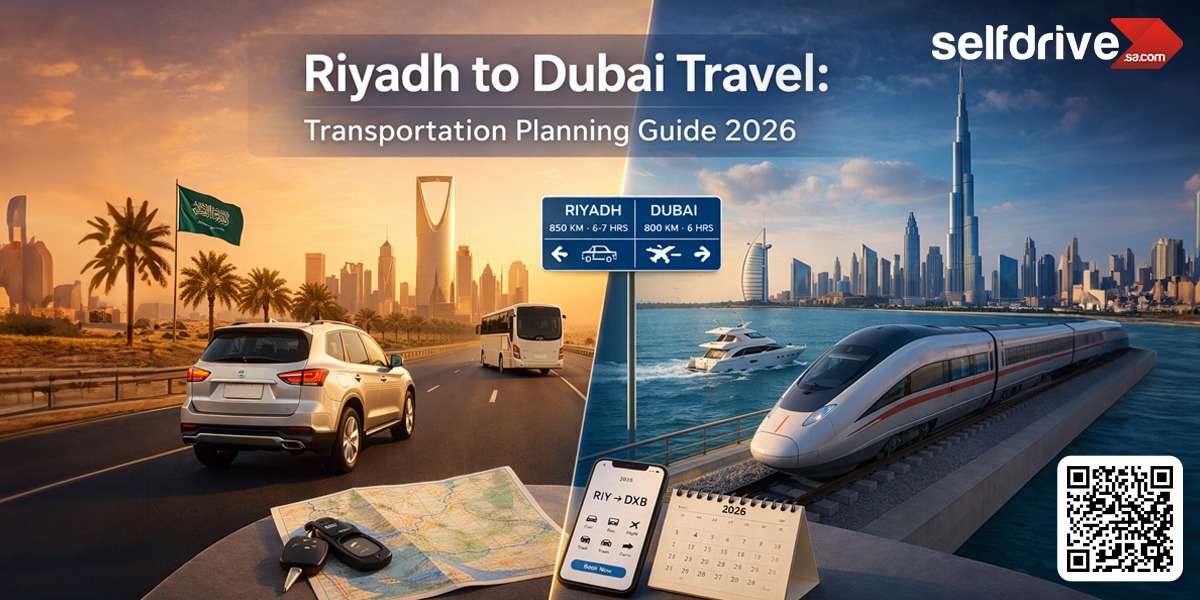 Riyadh and Dubai travel planning image showing road, air, and rail options. A smartphone, map, and calendar highlight travel details; modern cityscapes in the background.